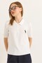 White Cotton Knitwear Textured Polo Collar Short Sleeve Knitted T-Shirt with Button and Embroidery Detail - 3