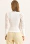 Ecru Cotton Blend Crew Neck Design with Tulle Detail on the Sleeves Slim Fit Knitted Blouse - 5