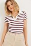 Burgundy Cotton Lycra Stretch Fabric Polo Collar Short Sleeve Striped Crop Form Knitted Blouse - 4