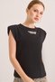 Black Cotton Knitted Fabric Crew Neck Short Sleeve T-Shirt with Shoulder Padding and Accessory Detail - 5