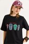 Black Cotton Woven Crew Neck Drop Shoulder Oversized Colorful Print Front Short Sleeve T-Shirt - 5