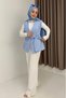 Blue Striped Patterned Shirt Collar Sleeveless Waist Tie Comfortable Form Woven Blouse