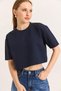 Navy Blue Two-Strand Fabric Crew Neck Short Sleeve Cool Crop Cut Comfortable Fit T-Shirt - 2