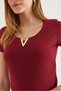 Burgundy Camisole Twill Short Sleeve V-Neck Blouse with Metal Accessory Detail - 4