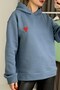 Indigo Three-Thread Embroidered Soft Textured Drop Shoulder Heart Embroidered Hooded Sweatshirt - 3