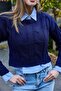 Navy Blue Knitwear Knitted Crew Neck Long Sleeve Crop Garnished Shirt Detailed Sweater - 5