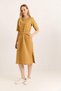 Mustard Woven Linen Dress with Crew Neck, Side Slits, Pockets and Belt Detail, Relaxed Fit