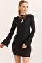 Black Stretchy Textured Turtleneck Spanish Sleeve Backless Dress That Highlights Body Lines - 5
