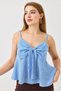 Blue Linen Look Thin Straps Plaid Large Bow Detail Relaxed Fit Blouse - 2