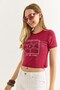 Burgundy Cotton Blend Crew Neck Short Sleeve Crop Form Starfish Printed T-Shirt - 2