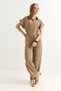 Mink Modal Woven Fabric Short Sleeve Elastic Waist Shirt Collar Button Detail Wide Leg Jumpsuit - 2