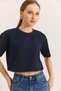 Navy Blue Two-Strand Fabric Crew Neck Short Sleeve Cool Crop Cut Comfortable Fit T-Shirt - 4