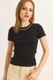 Black Camisole Fabric Crew Neck Short Sleeve Fitted Blouse with Chain Accessory Detail - 3