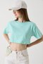 Green Stretchy Fabric Crew Neck Short Sleeve Relaxed Fit Casual Crop Blouse - 3