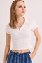 White Knitted Camisole Fabric Polo Collar Short Sleeve Basic Form Ribbed Textured Crop Blouse - 3