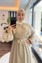 Çağla Tulle Modal Lined Belted Comfortable Cut Long Sleeve Dress with Ruffle Detail - 3