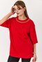 Red Cotton Textured Crew Neck Comfortable Fit T-Shirt with Gold Chain Accessory - 3