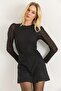 Black Crew Neck Long Sleeve Slim Fit Blouse with Tulle Detail on the Sleeves - 4