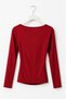 Red Viscose Lycra Stretch Fabric Crew Neck Long Sleeve Gathered Side Form Blouse - 2