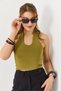Green Stretchy Fabric Halter Neck U-Neck Slim Fit Sleeveless Modern Design Crop Blouse - 3