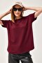 Burgundy Soft Textured Cotton Crew Neck Short Sleeve Modal T-Shirt with Oval Cut Hem Detail - 3