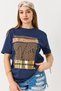 Navy Blue Stretch Fabric Crew Neck Short Sleeve T-Shirt with Shiny Lettering Print and Comfortable Fit