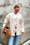Beige Cashmere Fabric V-Neck Off-Shoulder Wide Cut Jacket with Front Tie Detail - 3