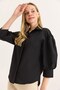 Black Woven Fabric Balloon Sleeve Loose Fit Cuffed Button Detailed Shirt Collar Shirt - 2