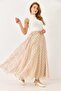 Cream Chiffon Fabric Elastic Waist Flared Cut Plaid Patterned Segmented Lined Skirt - 3