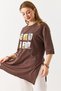 Brown Cotton Woven Crew Neck Drop Shoulder Oversize Side Slit Printed T-Shirt - 3