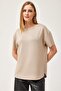 Beige Cotton Modal Soft Textured Crew Neck Short Sleeve Skirted Oval Cut T-Shirt