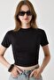 Black Combed Cotton Fabric Crew Neck Short Sleeve Side Gathered Slim Fit Crop Blouse - 2