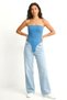Blue Corded Stretch Fabric Strapless Neckline Bodycon Bodysuit Blouse with Snap Buttons at the Bottom - 3