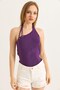Purple Stretchy Knitwear Fabric One-Shoulder Neckline Detailed Sleeveless Slim Fit Knitted Top Blouse - 4