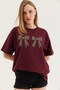 Burgundy Cotton Crew Neck Drop Shoulder Regular Fit Ribbon Print Detailed Basic T-Shirt - 3