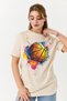 Cream Cotton Textured Crew Neck Drop Shoulder Oversize Basketball Graphic Printed T-Shirt
