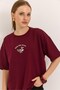 Burgundy Two-Thread Fabric Crew Neck Drop Shoulder Oversize Duck Embroidered Short Sleeve T-Shirt - 4