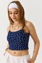 Navy Blue Ribbed Stretchy Textured Thin Strap Crop Form Polka Dot Patterned Knitted Blouse