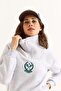 Gray Three-Thread Stand-Up Collar Zippered Off-Shoulder Rocket Printed Ribbed Detailed Sweatshirt - 5