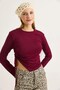Burgundy Stretch Fabric Crew Neck Long Sleeve Asymmetrical Cut Side Gathered Knitted Blouse - 2
