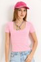 Pink Cotton Lycra Stretch Fabric Square Collar Short Sleeve Striped Patterned Knitted Blouse - 2