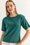 Green Knitted Fabric Crew Neck Short Sleeve Basic Straight Cut T-Shirt with Padding Detail - 4