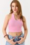 Pink Stretchy Textured Halter Neck U-Neck Slim Fit Sleeveless Basic Crop Blouse - 2