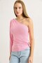 Pink Polyamide Stretch Fabric Single Shoulder Detailed Fitted Blouse with Side Accessory Buckle