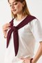 White Camisole Fabric Crew Neck Short Sleeve Burgundy Shawl Tie Detailed Knitted T-Shirt - 3