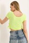 Green Cotton Stretch Fabric Crew Neck Cropped Form Fitting Short Sleeve Blouse with Gathered Sides - 4