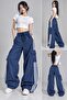 Y2K Navy Blue 3-Line Detailed Baggy Parachute Pants - 2