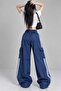 Y2K Navy Blue 3-Line Detailed Baggy Parachute Pants - 7