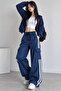 Y2K Navy Blue 3-Line Detailed Baggy Parachute Pants - 5