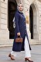 Long Quilted Coat with Chain Detail on the Collar - Navy Blue - 4